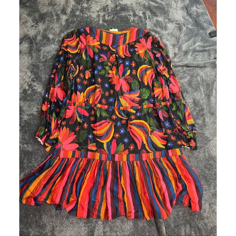 FARM Rio Floral Stripe Boho Dress Women’s Size Large Multicolor Tassel Tie - Picture 11 of 11